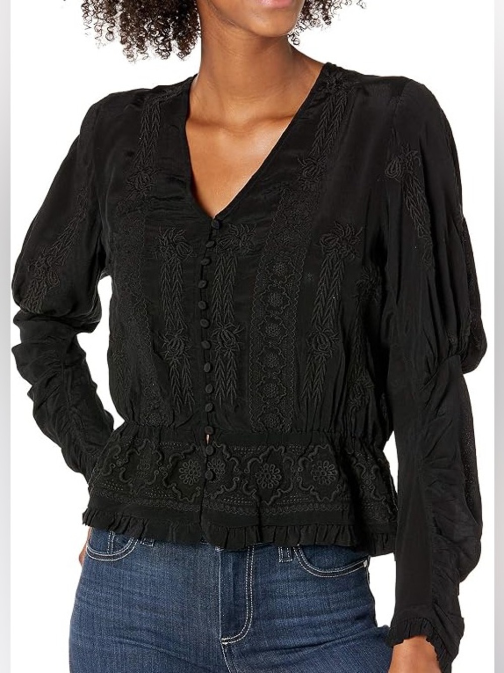 The Kooples Black Embroidered Button-Front Peplum Blouse